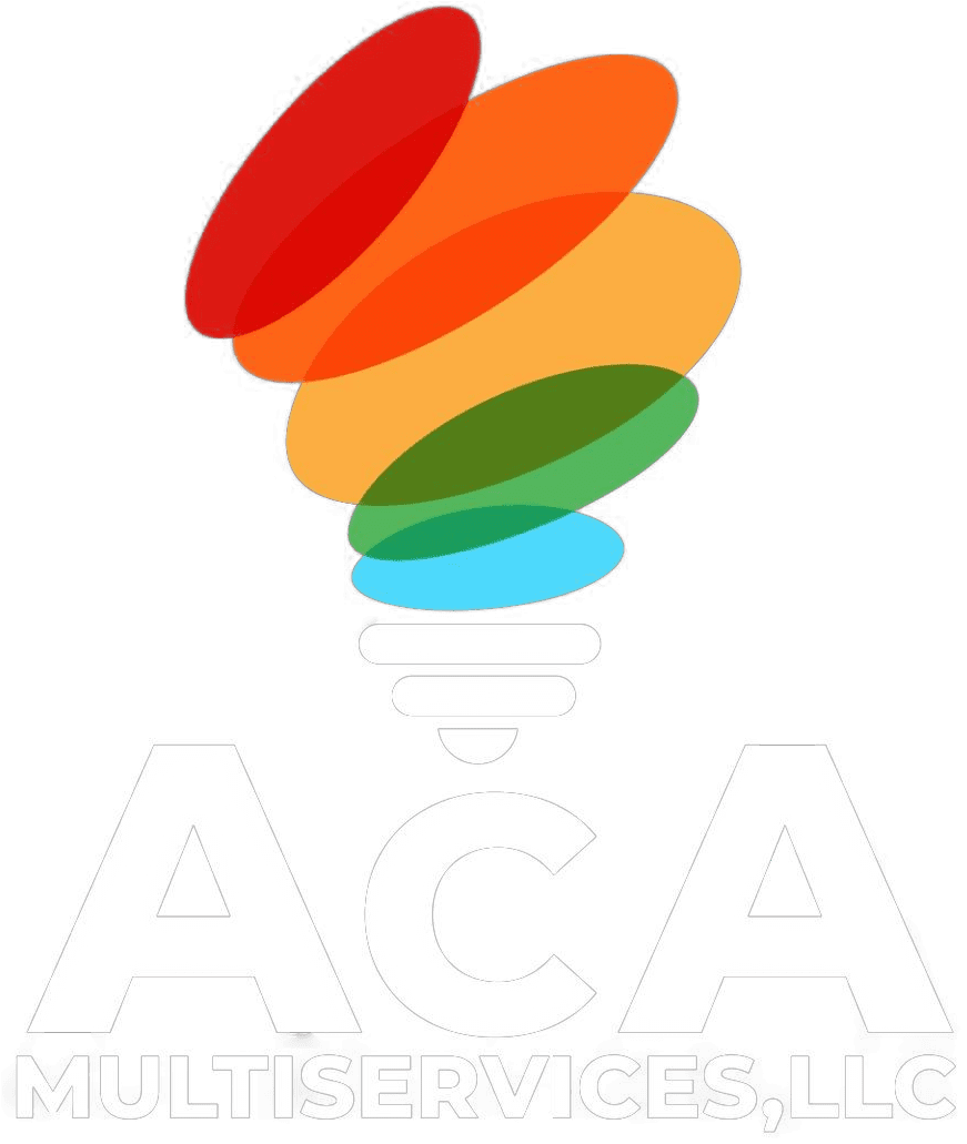 Logo for ACA Multiservices, LLC featuring a stylized, multicolored light bulb above the company name on a black background.